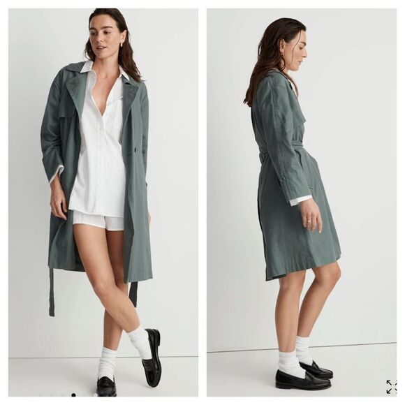 Madewell Textural linen blend unlined Trench Coat Size XXS Architect Green - Picture 2 of 16